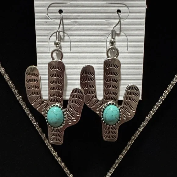 Silver and Turquoise Cactus Jewelry Set - Picture 3 of 5